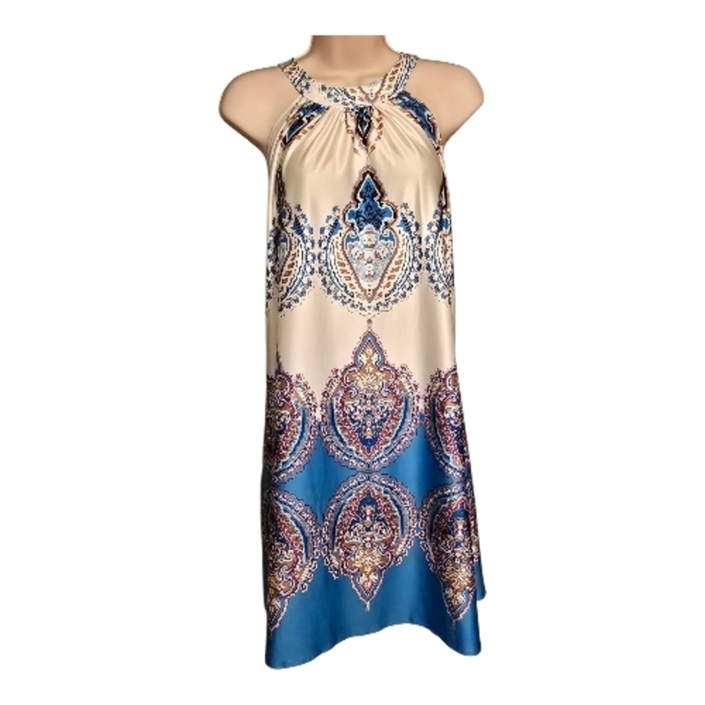 Leo Rosi Boho Paisley Halter Swing Tank Top Blue Cream Sleeveless Blouse Size L